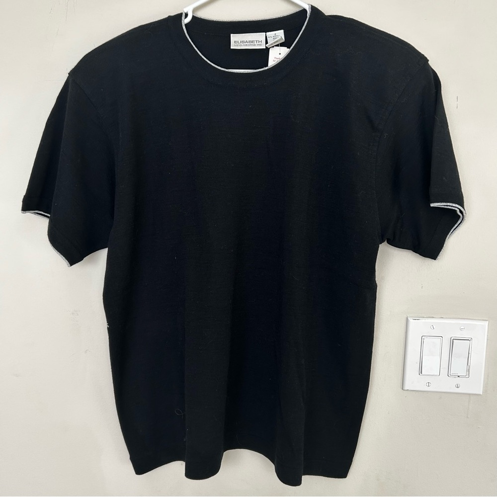 Liz Clairborne Black Short Sleeve silver metallic collar&sleeves trim wool top.